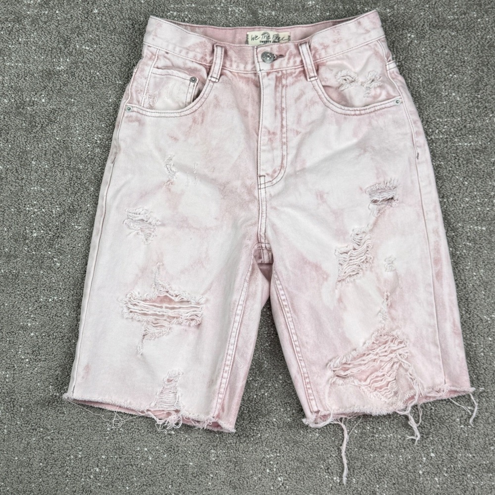 Free People We The Free Womens 24 Pink Distressed Denim Bermuda Jort Shorts